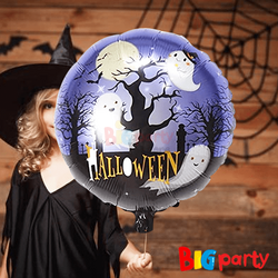 Folyo Balon Yuvarlak Happy Halloween Hayalet Ağacı Mor 18 inch - 1