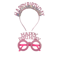 Plastik Happy Birthday Taç Gözlük Set Simli Pembe - 1