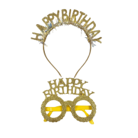 Plastik Happy Birthday Taç Gözlük Set Simli Gold - 1