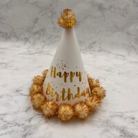 Ponponlu Şapka Parlak Happy Birthday Varak Baskılı Krem 17 Cm - 1