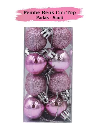 Yılbaşı Top Süs 3 Cm Mat Simli Parlak Pembe 16lı - 1