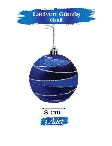 Yılbaşı Top Süs 8 Cm Simli Şeritli Lacivert 3lü - 1