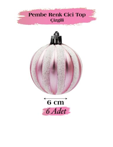 Yılbaşı Top Süs 6 Cm Çizgili Simli Pembe 6lı - 3