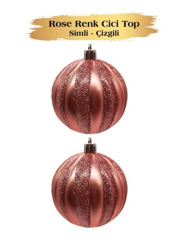 Yılbaşı Top Süs 10 Cm Çizgili Simli 2 Parça Rose Gold - 1