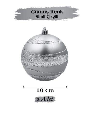 Yılbaşı Top Süs 10 Cm Simli Şeritli Gümüş 2li - 2