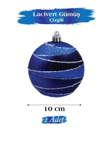 Yılbaşı Top Süs 10 Cm Simli Şeritli Lacivert 2li - 2