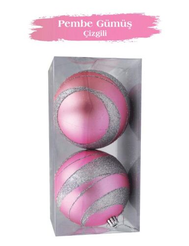 Yılbaşı Top Süs 10 Cm Simli Şeritli Pembe 2li - 3