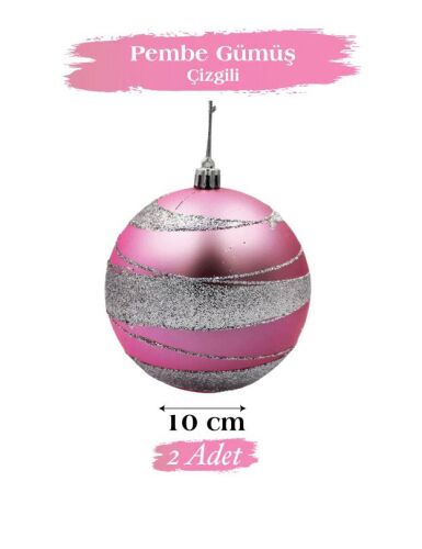 Yılbaşı Top Süs 10 Cm Simli Şeritli Pembe 2li - 2