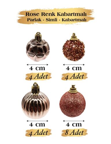 Yılbaşı Top Süs 4 Cm 20 Parça Karışık Desenli Rose Gold - 2