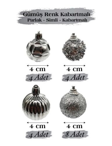 Yılbaşı Top Süs 4 Cm 20 Parça Karışık Desenli Gümüş - 2