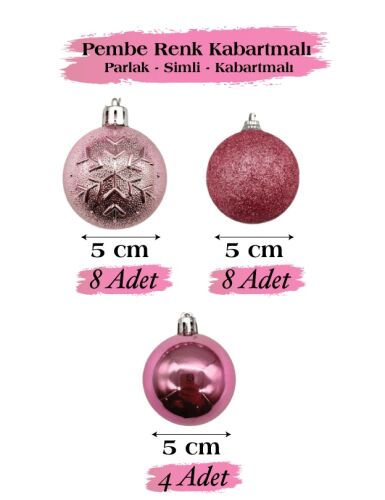 Yılbaşı Top Süs 5 Cm 20 Parça Simli Kabartmalı Pembe - 2