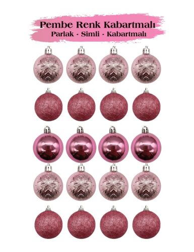 Yılbaşı Top Süs 5 Cm 20 Parça Simli Kabartmalı Pembe - 1