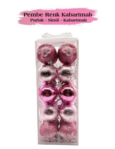 Yılbaşı Top Süs 5 Cm 20 Parça Simli Kabartmalı Pembe - 3