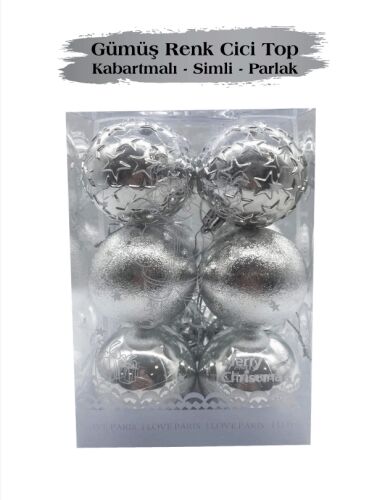 Yılbaşı Top Süs 6 Cm 12 Parça Parlak Kabartmalı Gümüş - 2