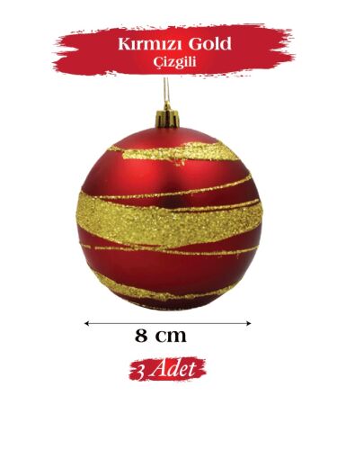 Yılbaşı Top Süs 8 Cm Simli Şeritli Kırmızı 3lü - 1