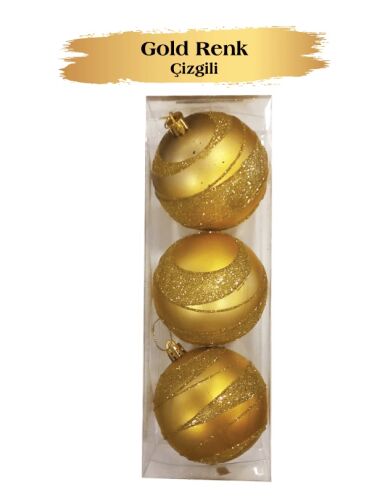 Yılbaşı Top Süs 8 Cm Simli Şeritli Gold 3lü - 2