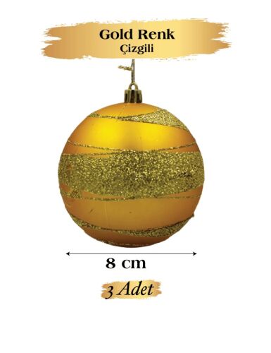 Yılbaşı Top Süs 8 Cm Simli Şeritli Gold 3lü - 1