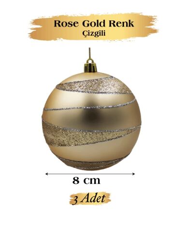 Yılbaşı Top Süs 8 Cm Simli Şeritli Rose 3lü - 1